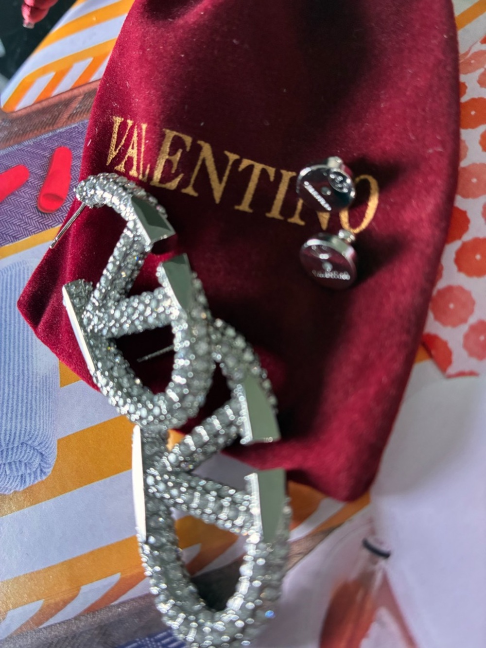 Valentino Crystal Logo Stud Earrings - Silver and Burgundy Accent - Picture 3 of 4